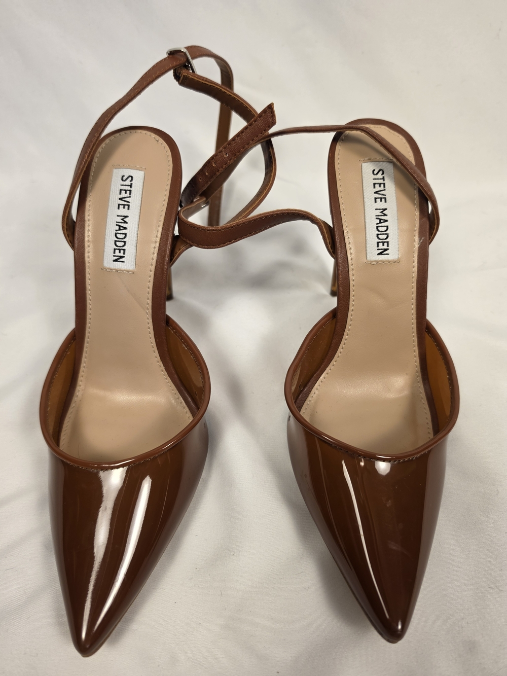 Steve Madden Alessi Tan Brown Patent Vinyl Two Piece Pointed Toe Heels Size 7M - Picture 1 of 6
